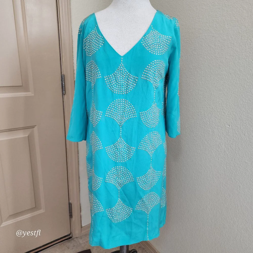 Trina Turk seafoam rhinestones 100% silk dress